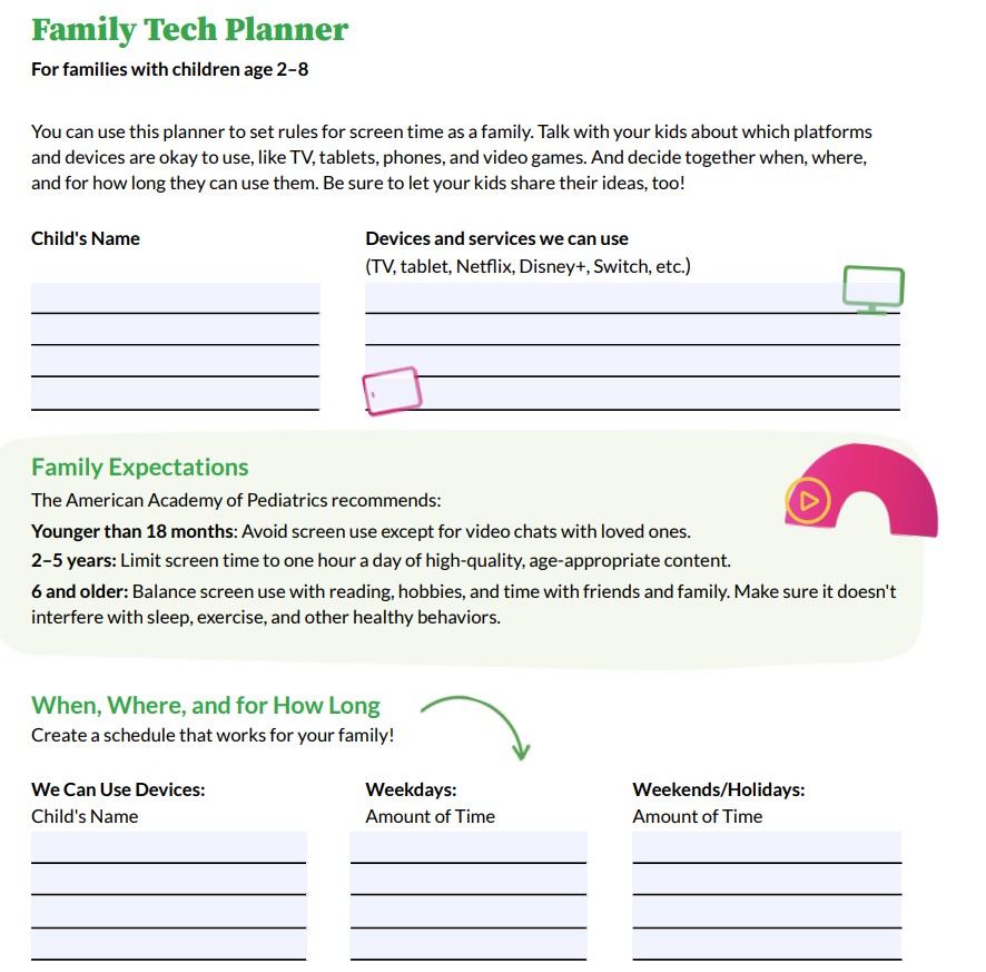 A Family Tech Planner worksheet with sections for rules, expectations, and screen time schedules.